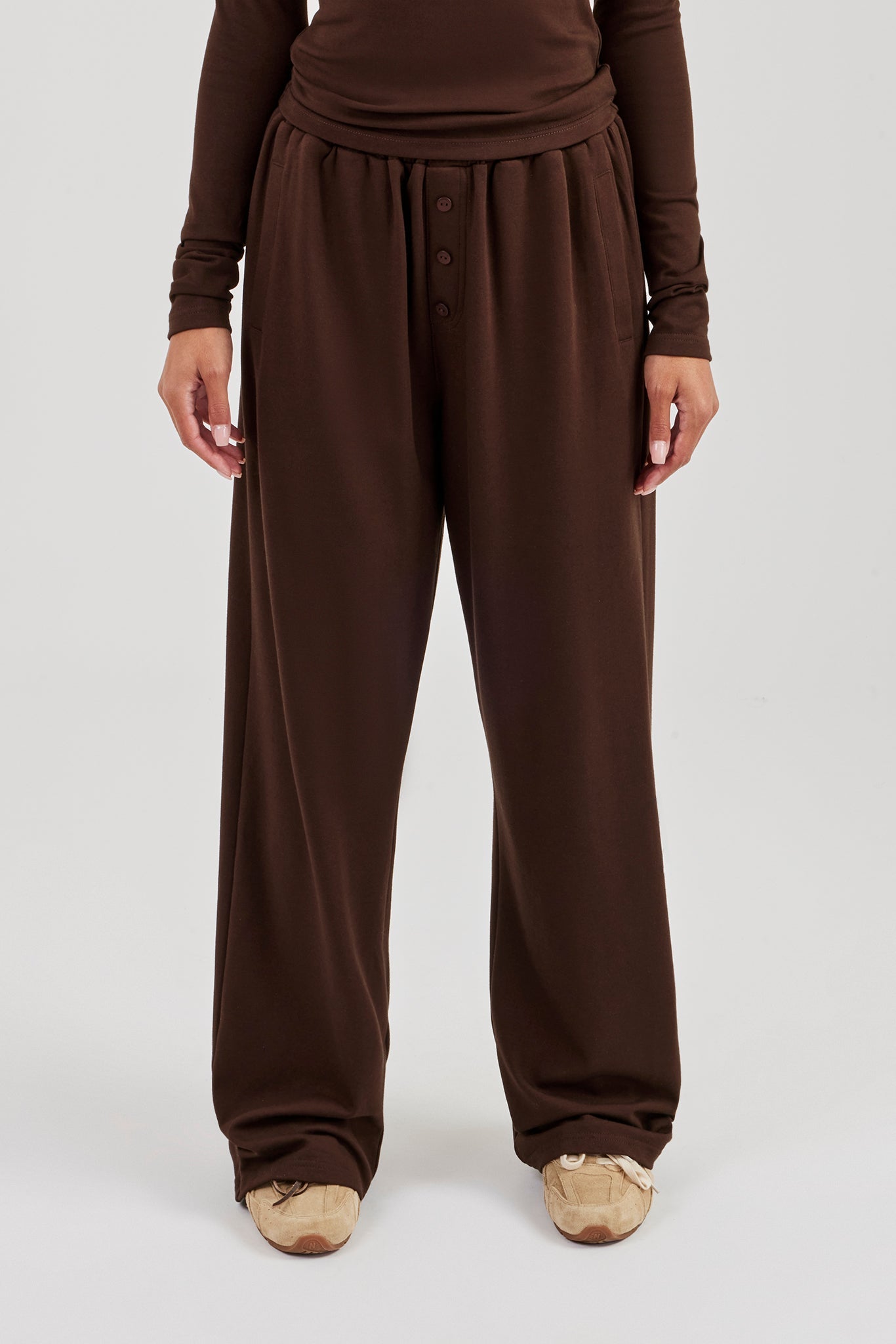 Soft Touch Button Detail Trouser - Chocolate